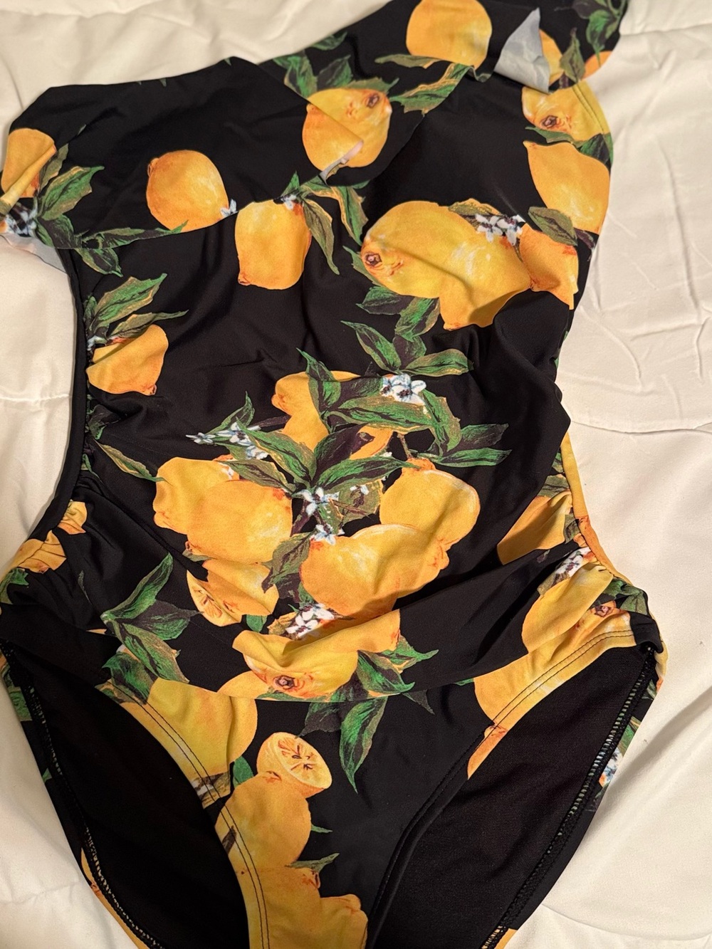 Women’s Black One-Piece Swimsuit with Yellow Lemon Print
